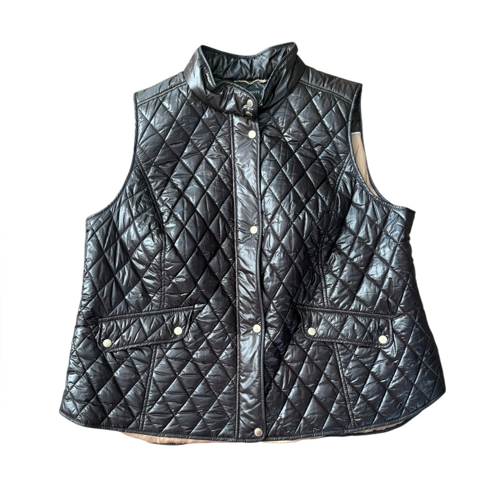 Talbots Quilted Puffer Vest Dark Brown Gold Buttons Nylon Chic Warm Staple 3X